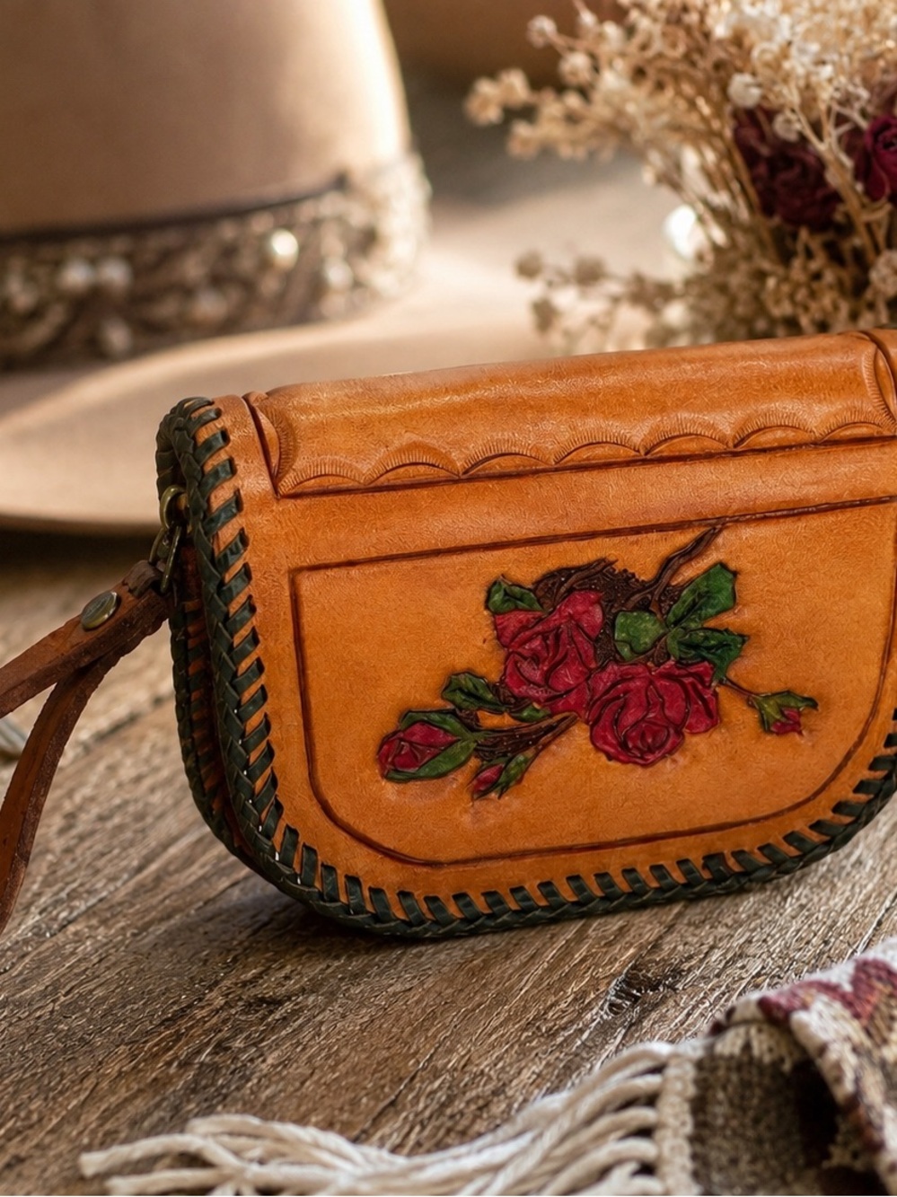 Hand-Tooled Leather Floral Wristlet - Tan with Red Rose Accent